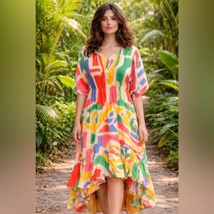 Doh Tak Keh Lipi Abstract Print Satin Midi Dress - 2x - NWT